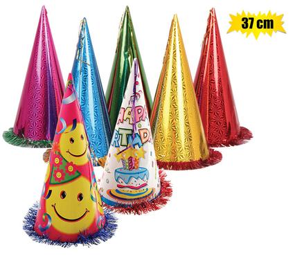 Hat cone with tinsel assorted 37cm