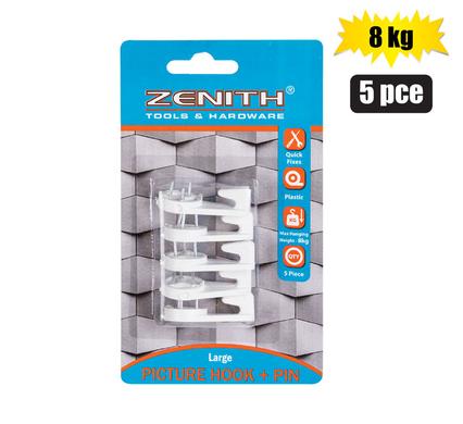 Picture-hook+pin wht 5pce lrg(8kg)zenith