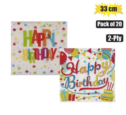 Serviettes 2ply 33cm 20pc happy birthday